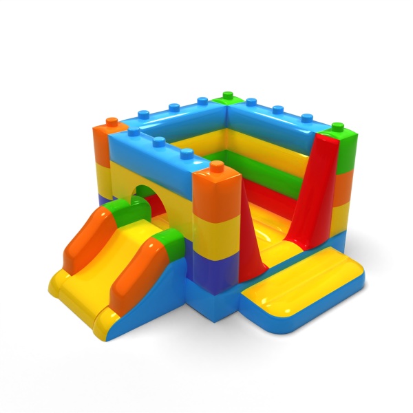 Petit château gonflable fermé avec toboggan - sur le thème des blocs colorés