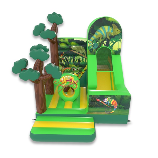 Gonflable avec toboggan combo sur le thème de la jungle
