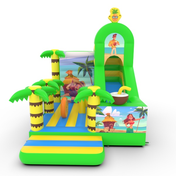 Gonflable avec toboggan combo avec imprimé sur le thème hawaïen