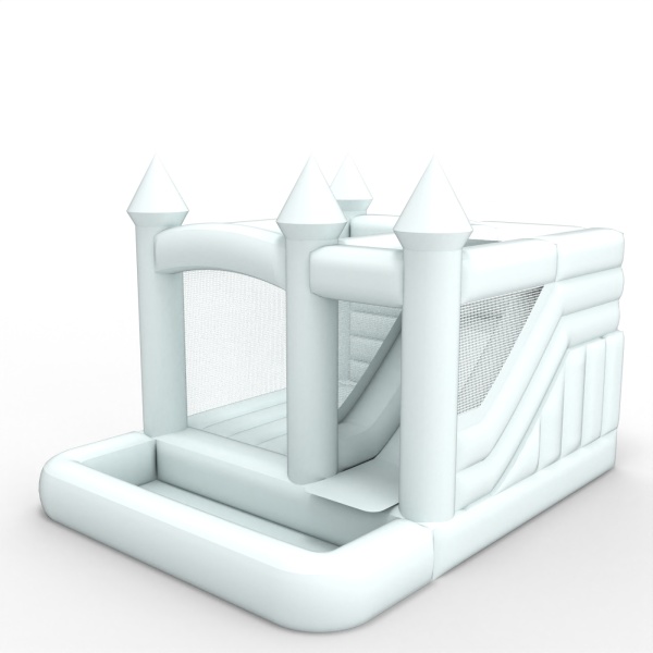 Château gonflable avec toboggan et bassin dans un motif blanc