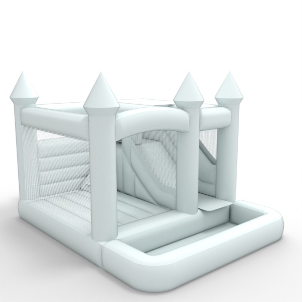 Château gonflable avec toboggan et bassin dans un motif blanc