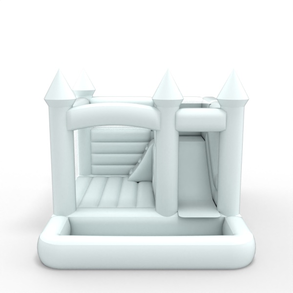 Château gonflable avec toboggan et bassin dans un motif blanc