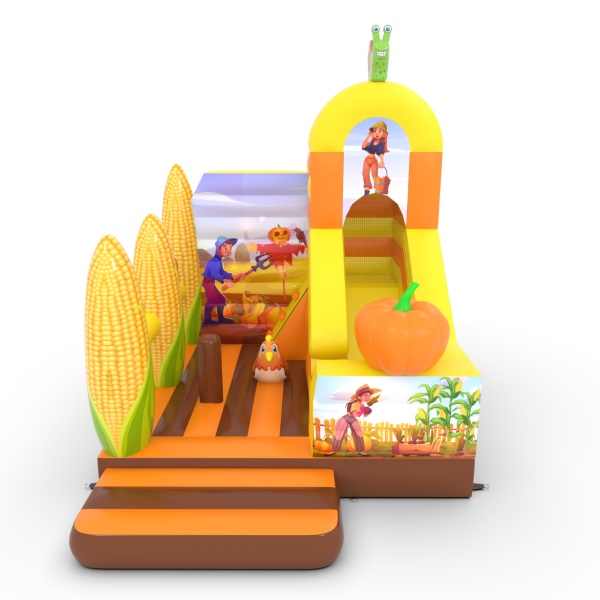 Gonflable avec toboggan combo avec imprimé sur le thème de la ferme