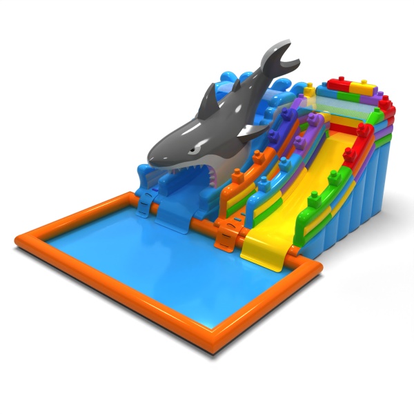 ENSEMBLE de toboggans aquatiques gonflables avec piscine - requin et blocs