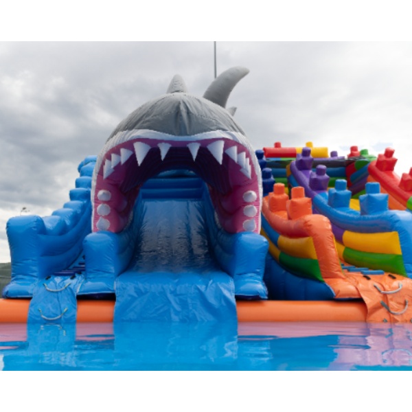 ENSEMBLE de toboggans aquatiques gonflables avec piscine - requin et blocs