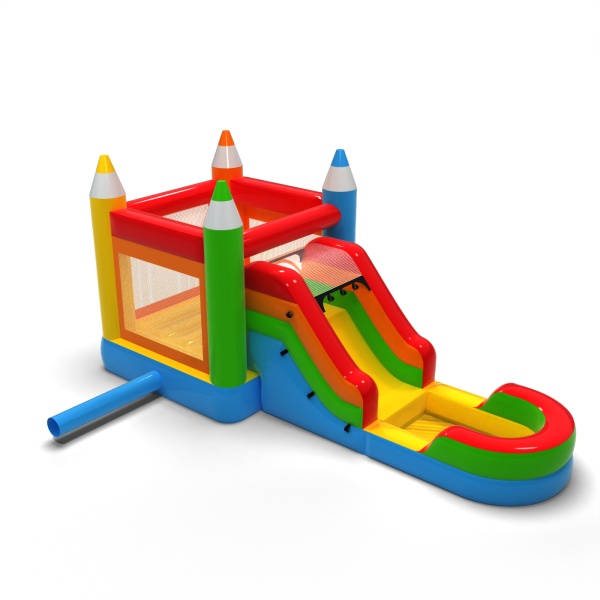 Toboggan aquatique avec château gonflable crayons