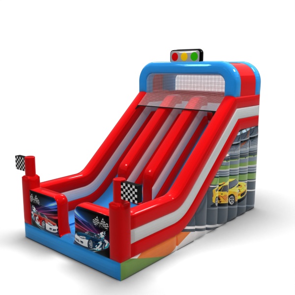 Toboggan gonflable double avec imprimé sur le thème des voitures