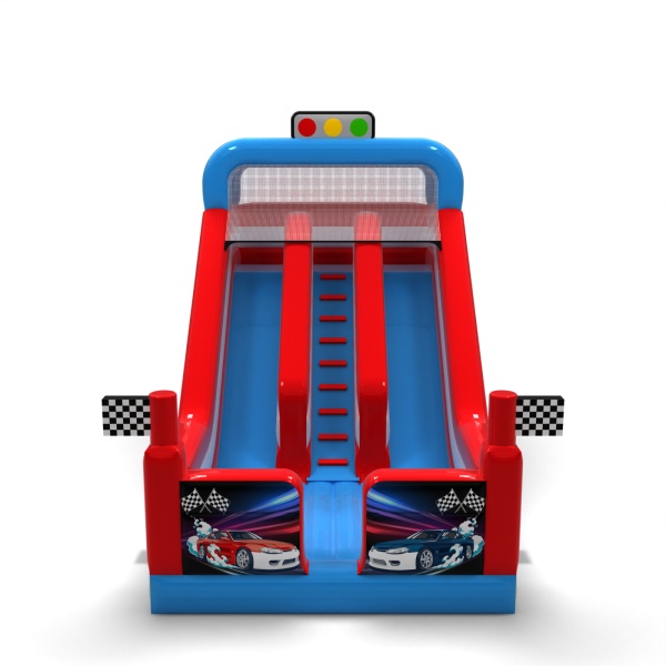 Toboggan gonflable double avec imprimé sur le thème des voitures