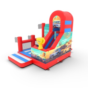 Gonflable avec toboggan combo sur le thème des voitures