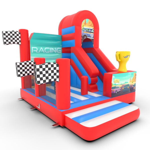 Gonflable avec toboggan combo sur le thème des voitures