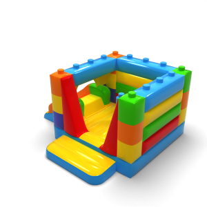 Petit château gonflable fermé avec toboggan - dans un motif de blocs colorés